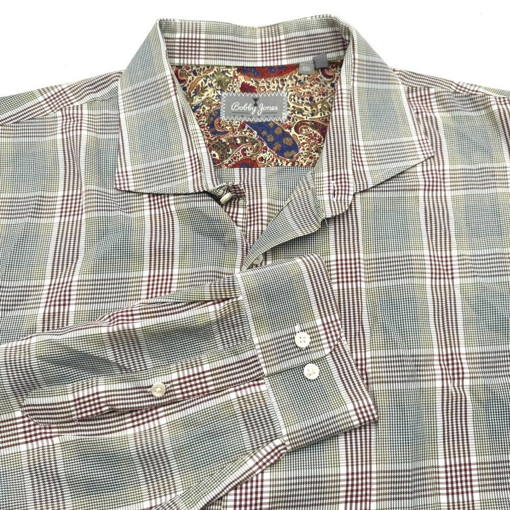 BOBBY JONES Mens XXL 100% Cotton Plaid Long Sleeve Button Up Dress Shirt Paisley